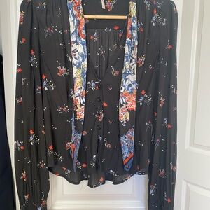 Free People Black Blouse with Floral Accents